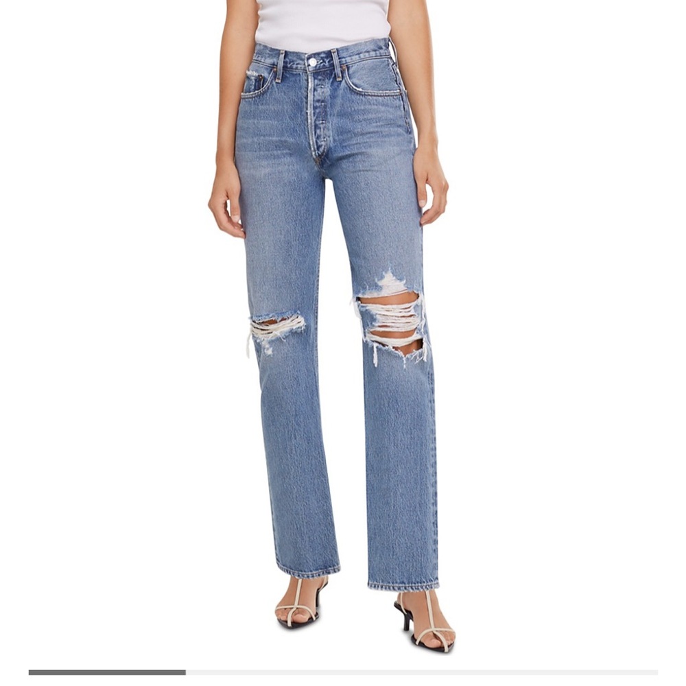 Agolde Lana Mid Rise Blue Distressed Straight Leg Jeans